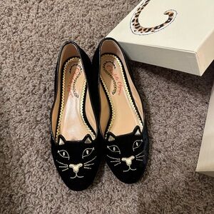 Charlotte Olympia Kitty Black Suede Velvet Flats Size 6